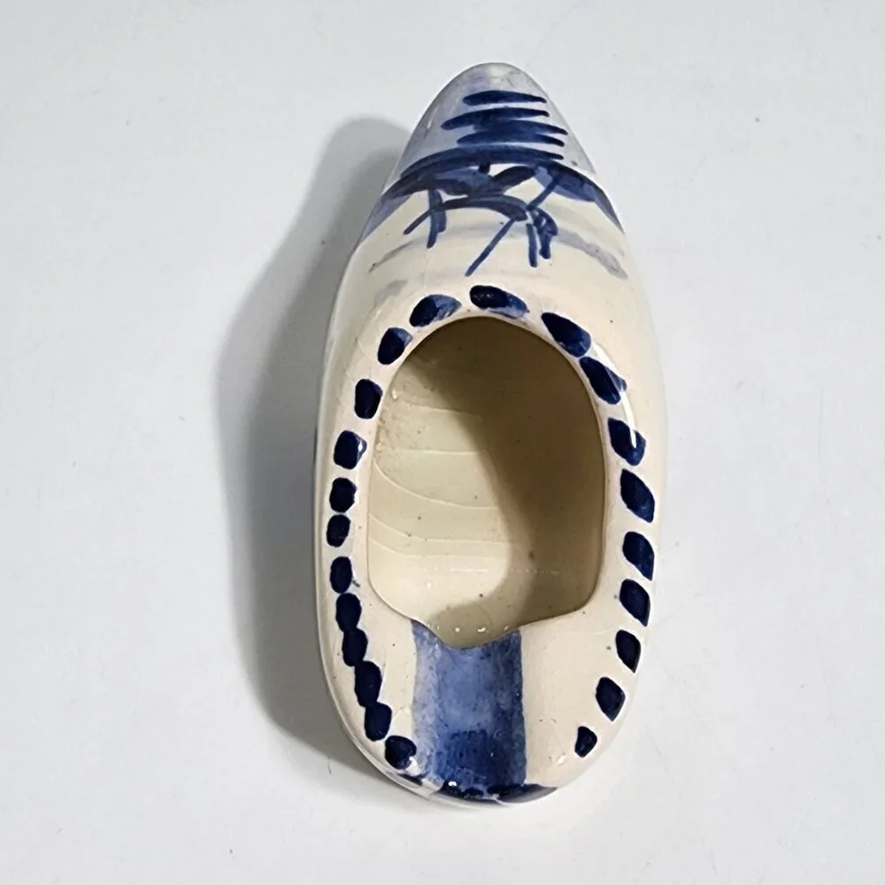 Vintage Delft Blue Cream and-Painted Ceramic Dutch Clog Shoe Figurine